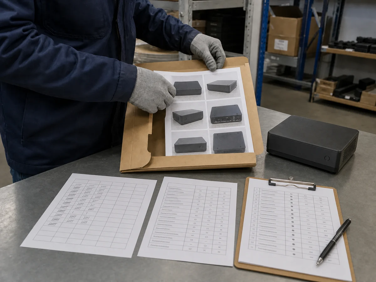 Warehouse evidence desk with case folder, condition photographs, quantity records and inspected product