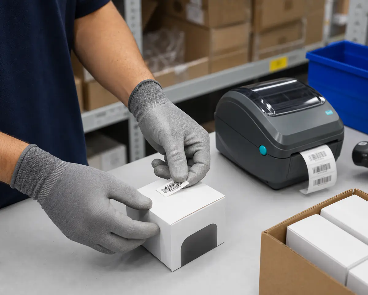Gloved operator applying a small barcode label to product packaging