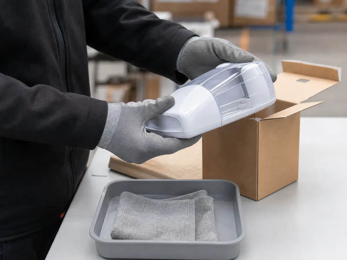 Gloved operator inspecting a returned product at a warehouse workbench